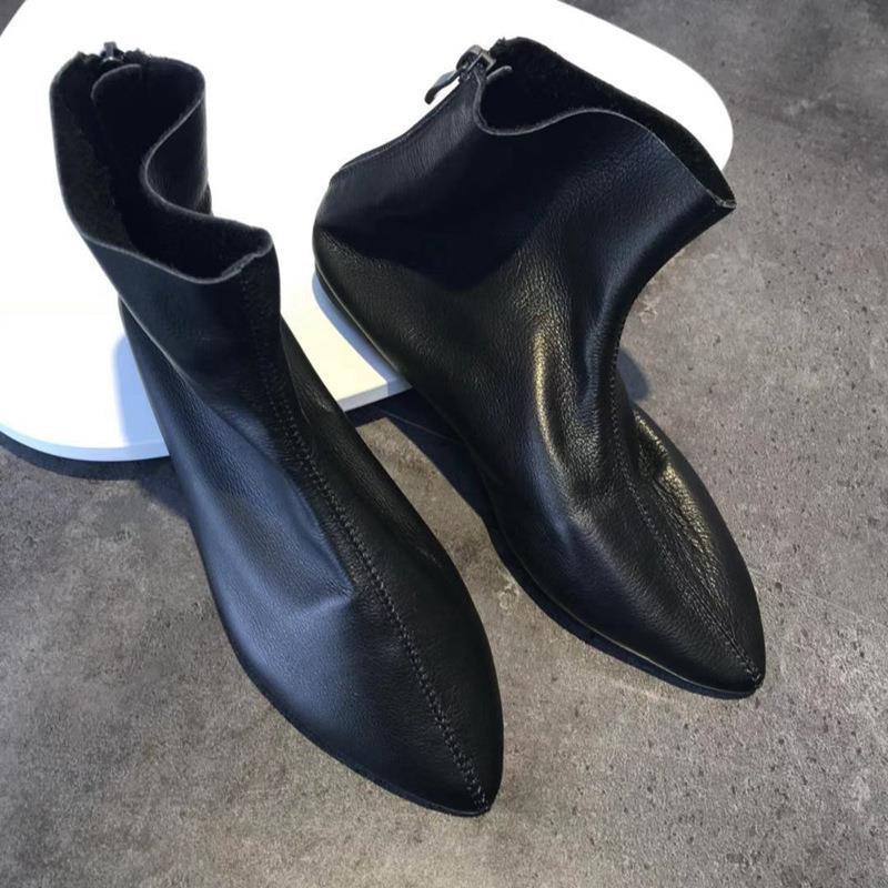 Острый носок плоские одинарные короткие ботинки женские мягкие из натуральной коровьей кожи плоские нескользящие универсальные ботинки