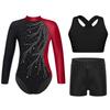 Girls Dance Outfit Set Mock Neck Long Sleeve Keyhole Back Color Block Design Leotard with Vest Shorts