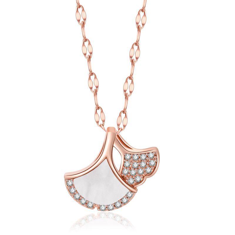 Titanium Steel Skirt Fan Necklace Women'S Inlaid Ginkgo Biloba Pendant Collarbone Chain White Fritillary Jewelry
