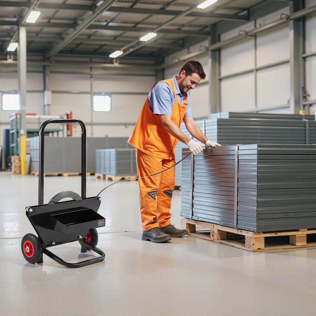 Banding Strapping Cart, Fit for Steel Strapping Coils with 600 mm Core Outer Size, Heavy Duty Strapping Dispenser with Rubber Wheels, Suitable for