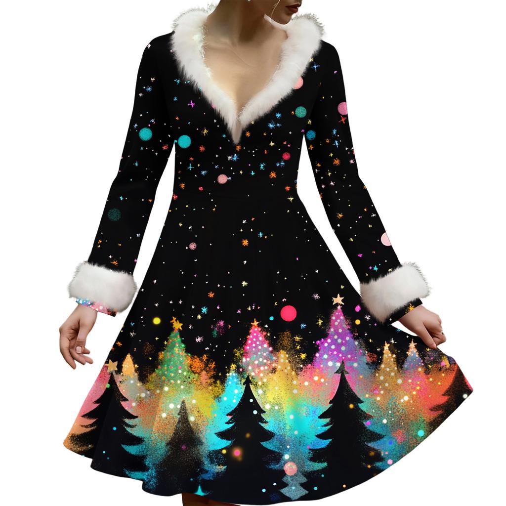 Женское повседневное платье с V-образным вырезом, рождественским принтом, плюшевыми длинными рукавами