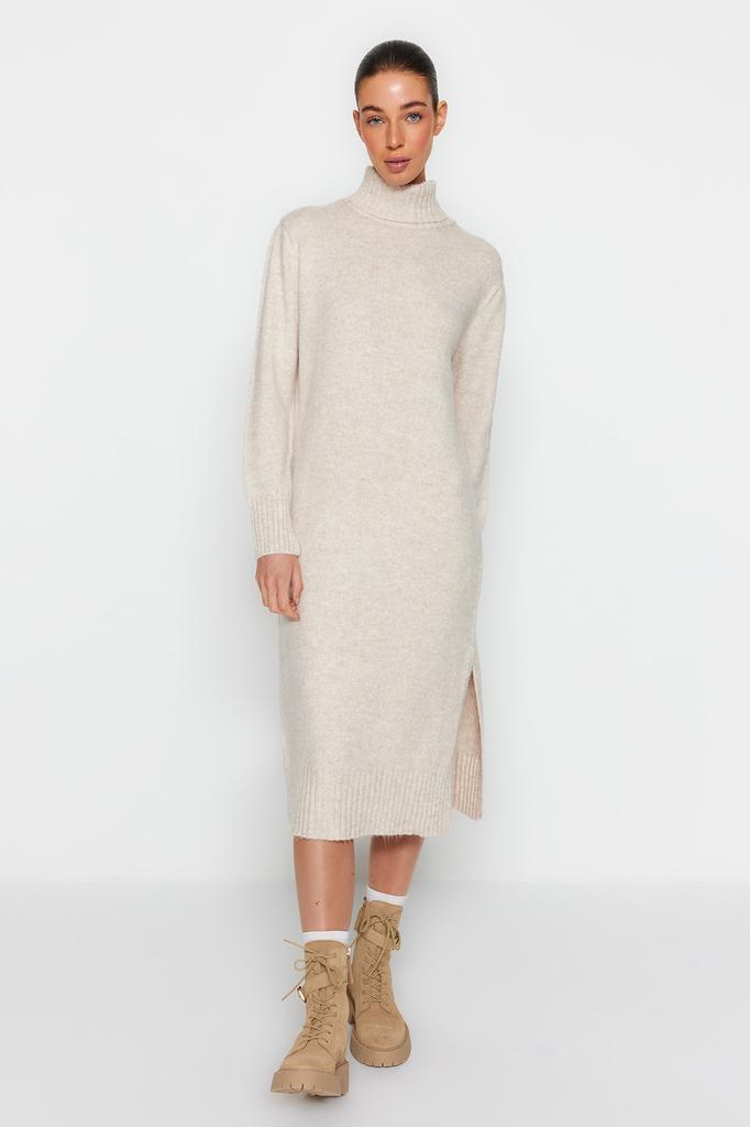 Женское модное новое платье, широкое платье средней длины, трикотажное платье с высоким воротником