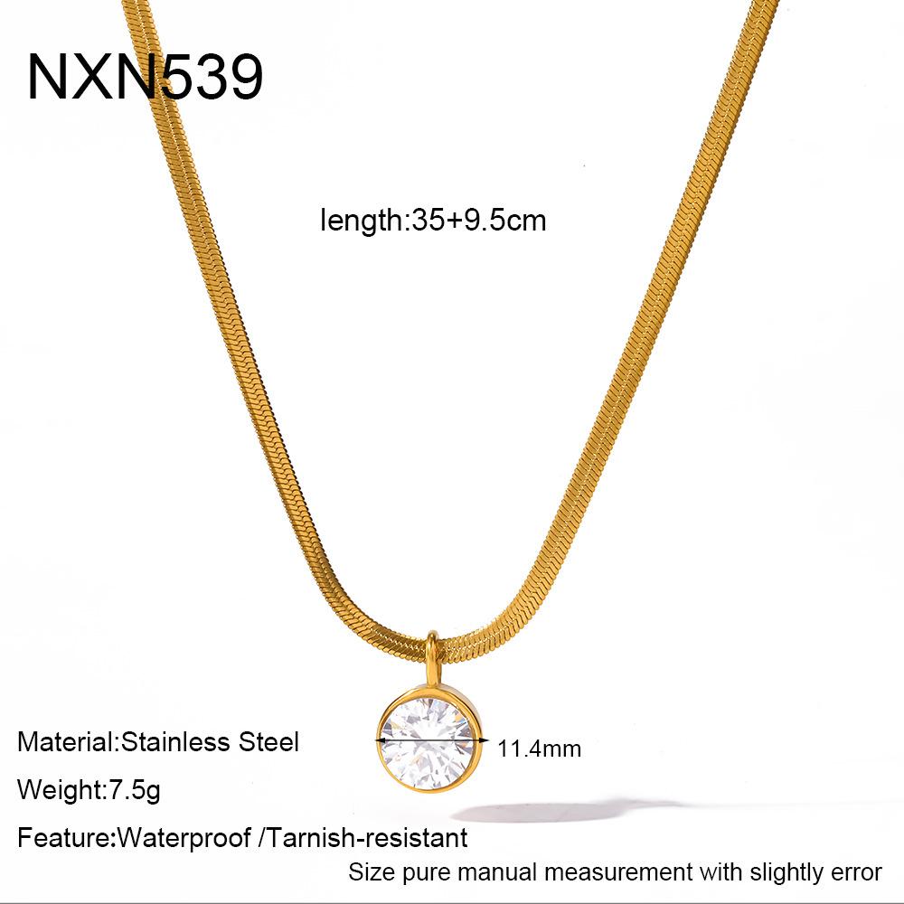 Light luxury ins stainless steel water drop horse eye round zircon pendant necklace flat snake chain women's plated 18k gold collarbone chain
