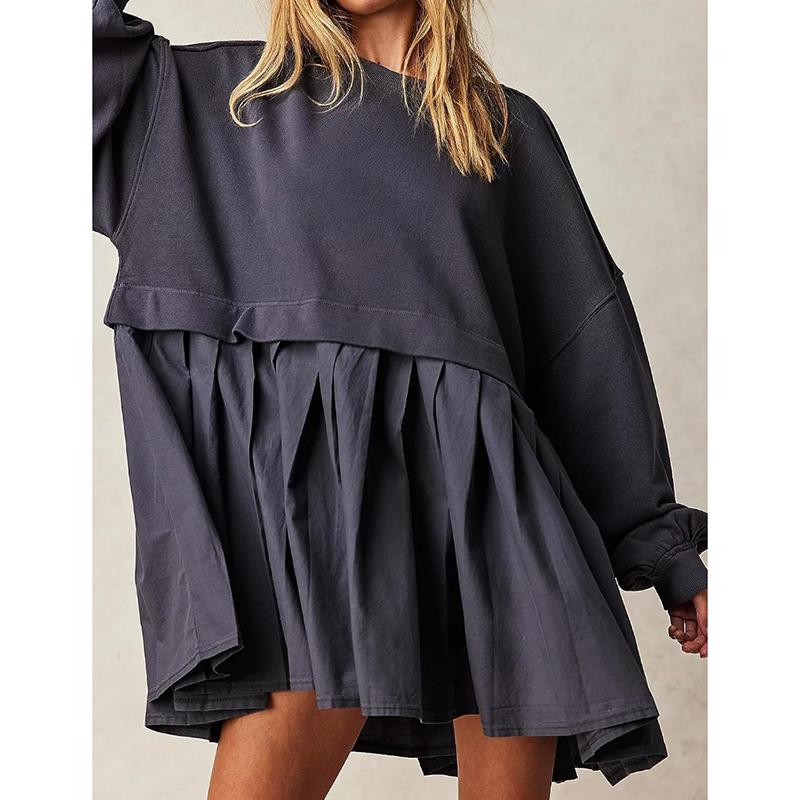 Осеннее новое свободное повседневное платье с длинным рукавом, женское элегантное лоскутное однотонное платье А-силуэта больших размеров, женское круглое шею, винтажное сексуальное короткое платье для вечеринки 25171