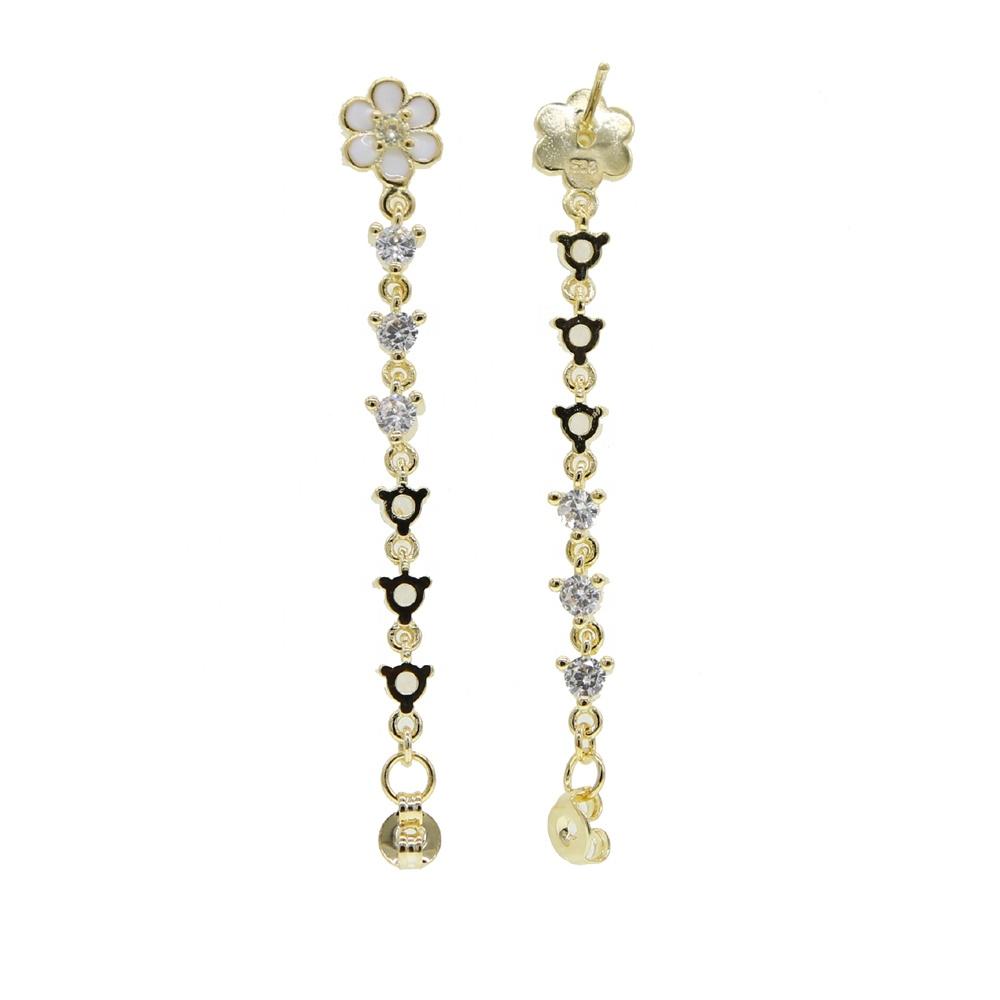 Promotion Cz Long Tassel Chain Double Piercing Flower Earring with White Zircon Bling Stud Earring Women