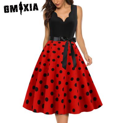 Летняя мода Ретро женское волнистое платье с v-образным вырезом и средней талией в горошек с принтом