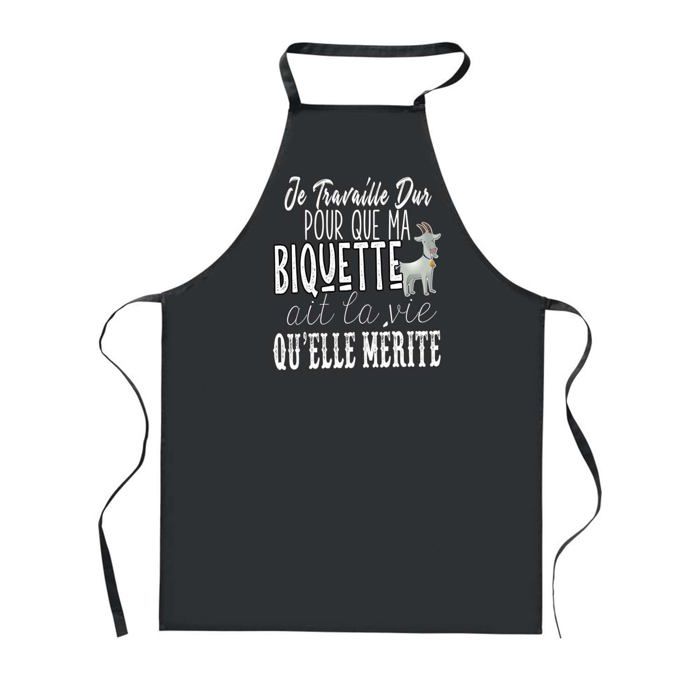 Tablier de cuisine - PLANETEE - Biquette Travailler Dur - Noir - Coton épais 90x60 cm - Impression bretonne