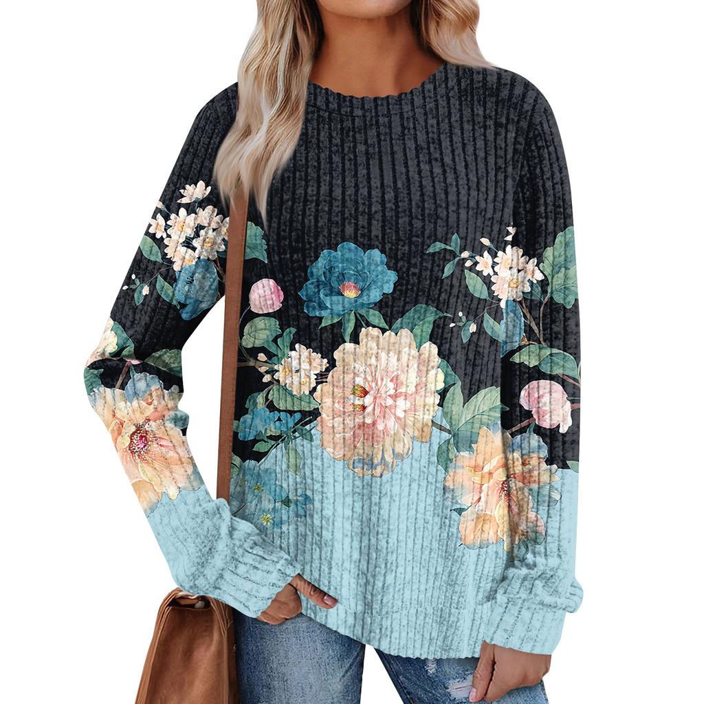 Women's Winter Color-Block Printed Lightweight Brushed-Cotton Round Neck Top