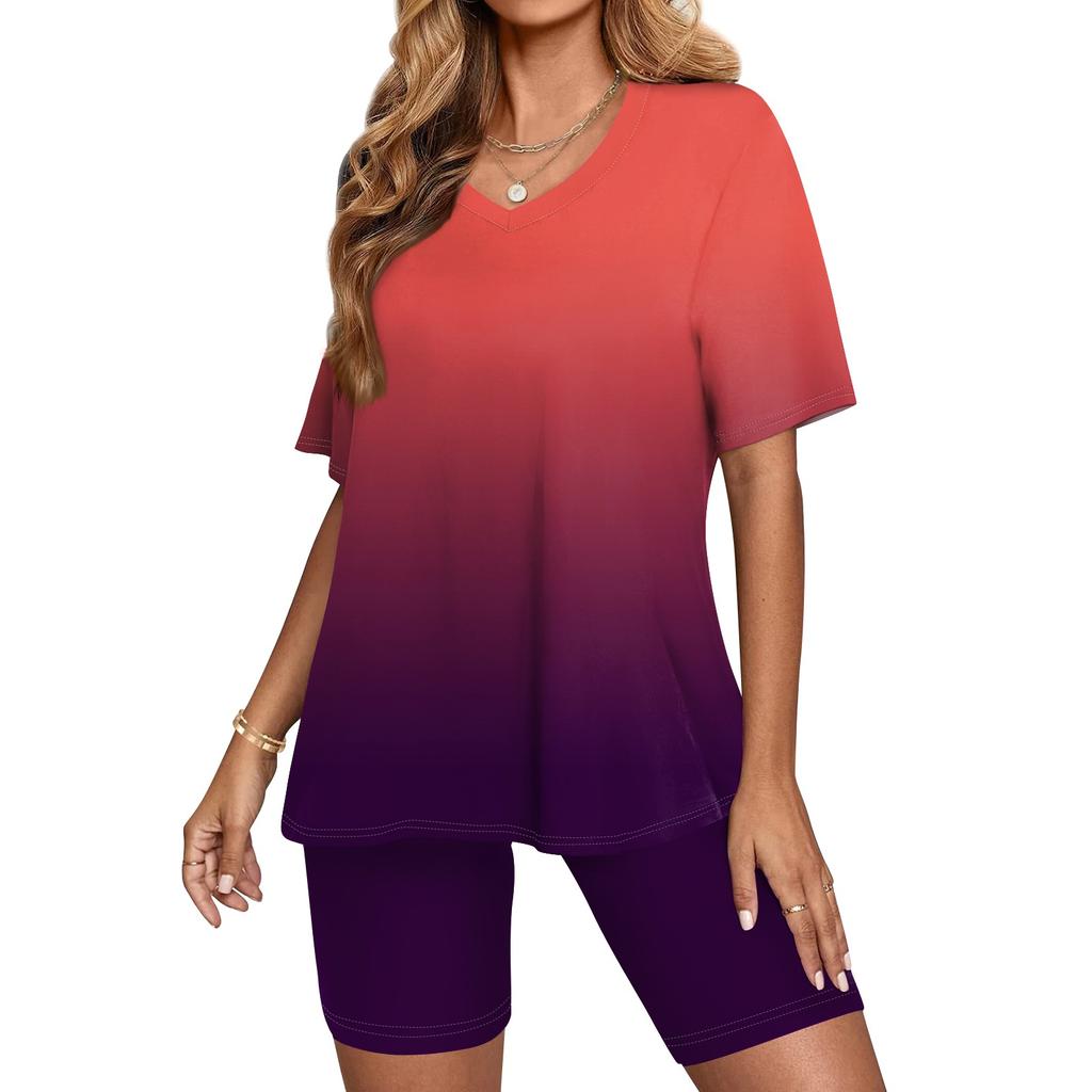 Женский топ с v-образным вырезом и короткими рукавами с градиентным принтом и шорты с принтом, комплект из двух предметов