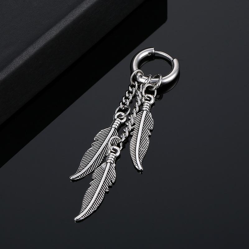 WKOUD 1 Pair Stainless Steel Earrings For Man/Women Feather Cross Pendant Long Tassel Unisex Hoop Punk Gothic Piercing Zircon