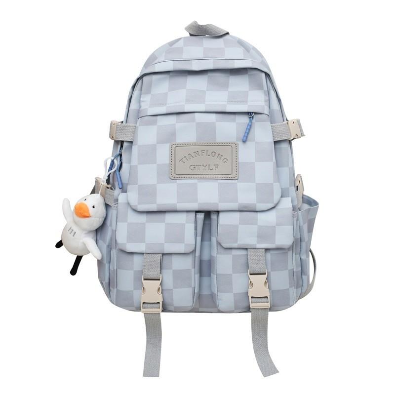 Academy Style Plaid Backpack For Women 2023 New Cross-border Middle School Student Bag Large Capacity Travel Double Shoulder Bag White
