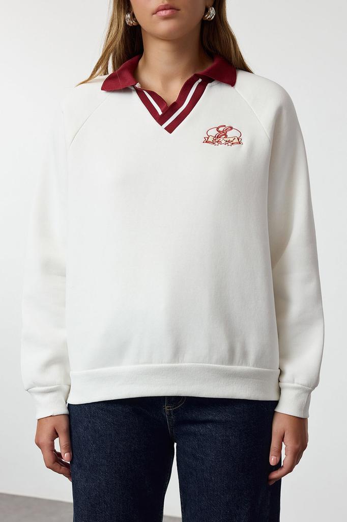 Women's Fashionable Stylish Sweatshirt Ecru Embroidered Oversize Gneish Mold Thick Inside Fleece Knitted Sweatshirt