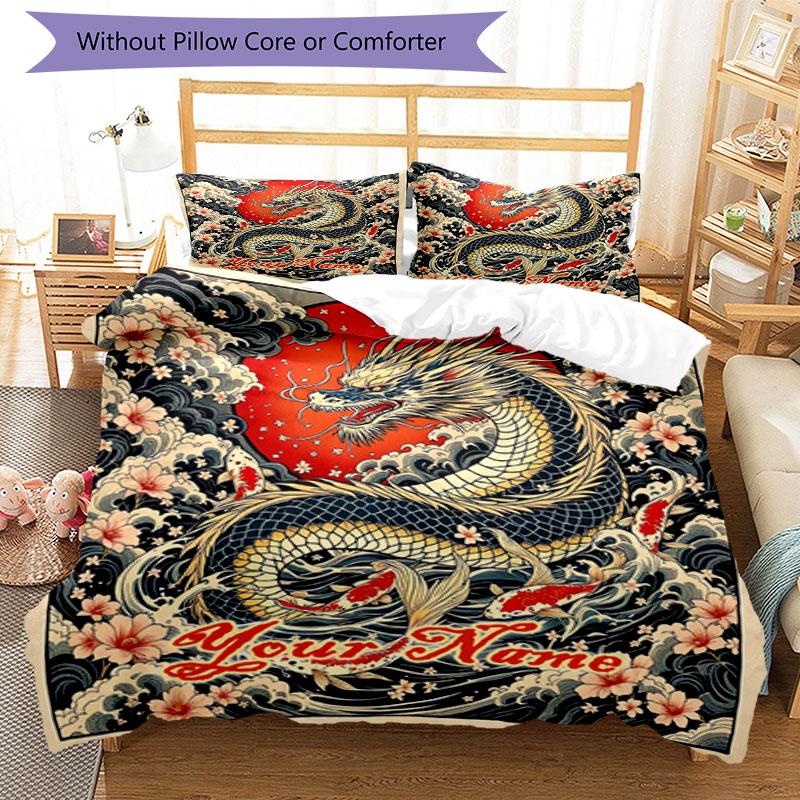 3pcs Custom Name Dragon Flowers Tattoo Bedding Set Printed Bedding Set Duvet Cover Closure Includes 1 Duvet Cover & 2 Pillowcases Bedroom Decor