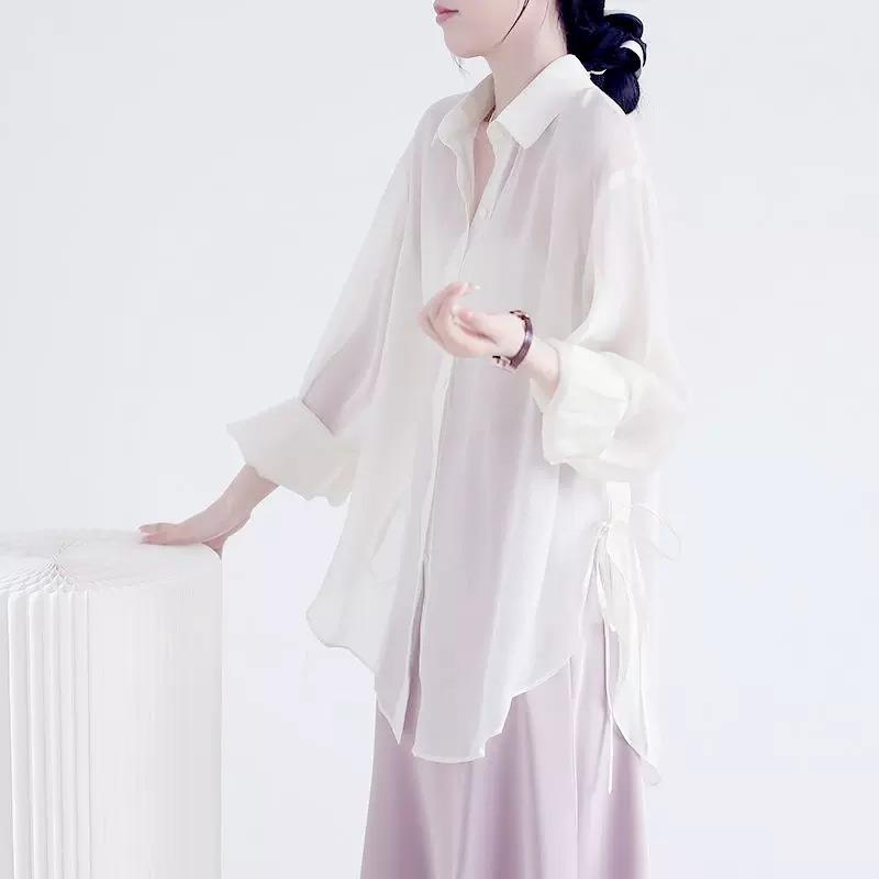 Тонкая солнцезащитная рубашка из тенселя, рубашка, женская летняя свободная прозрачная прозрачная застежка на открытом воздухе, кондиционер, кардиган, шаль, блузка из ледяного шифона