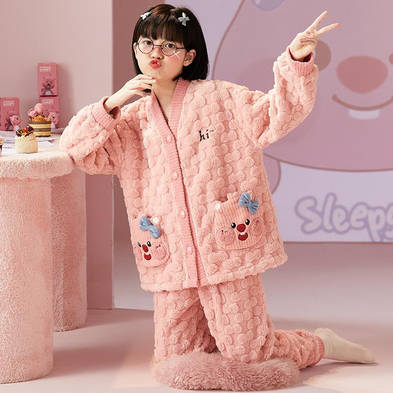 Kids Flannel Pajamas Set Boys Girls Warm Long Sleeve Top And Pants Sleepwear Winter Home Nightwear