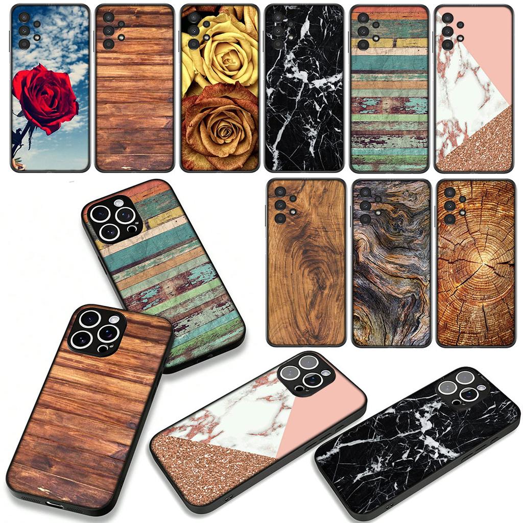 Rose Flower Marble Wood Phone Case for Samsung Galaxy A55 A54 A25 A36 A17 A26 A35 A33 A34 A14 A37 S8 S9 S20 S21 FE S10 Plus