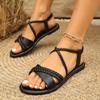 Большой размер 25 летние новые плетеные ремни сандалии с открытым носком на плоской подошве женские эластичные пляжные сандалии