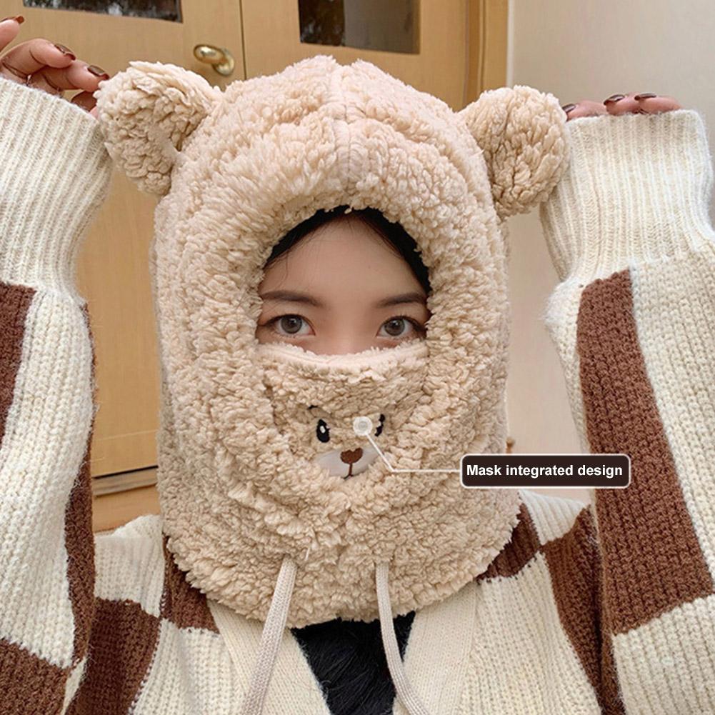 1pc Winter Cute Bear One Piece Scarf Hat For Women's Warm Plush Wind Earmuffs Bear Fabric Cycli X4G5