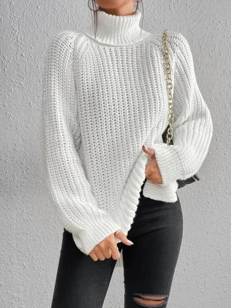 Autumn/Winter Soft Knitwear Fashion Raglan Long Sleeve Turtleneck Split Sweater Casual Warm Solid Mid-length Pullover 29572