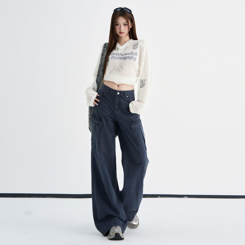 Autumn new retro old money style high waist and thin tooling casual pants women's loose wide legs multi-pocket casual