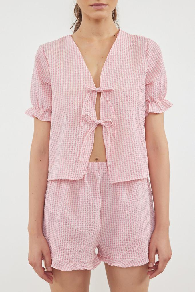 Women's Fashion Pink Textured Gingham Pajama Set with Binding Ribbon Bow Detail