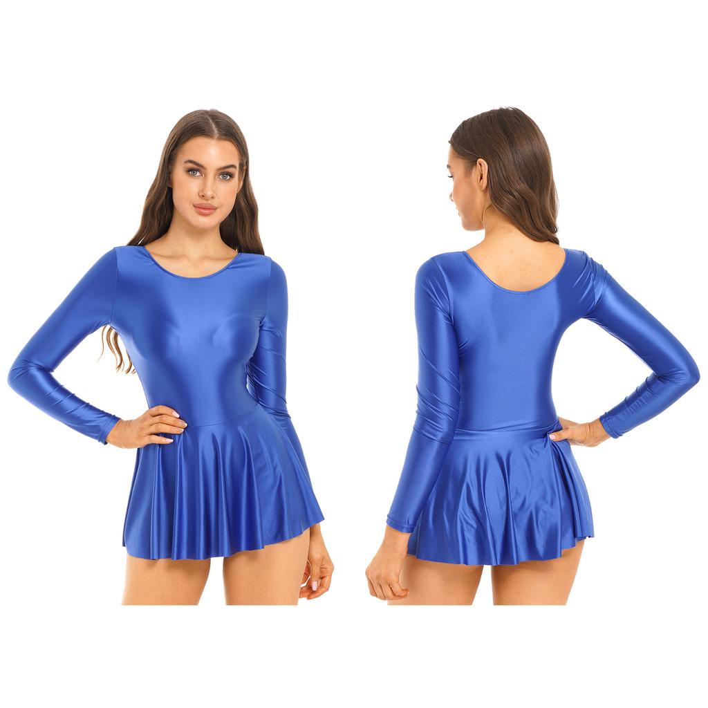 Женские глянцевые платья, танцевальное трико, платье с рюшами и длинными рукавами, спортивная одежда