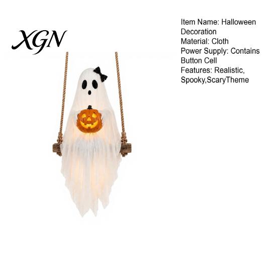 Halloween Party Supplies Lighted Ghost Swing with Glowing Pumpkin, Hanging Spooky Decor Realistic Scary Home Accents for Porch Yard, LED Floating