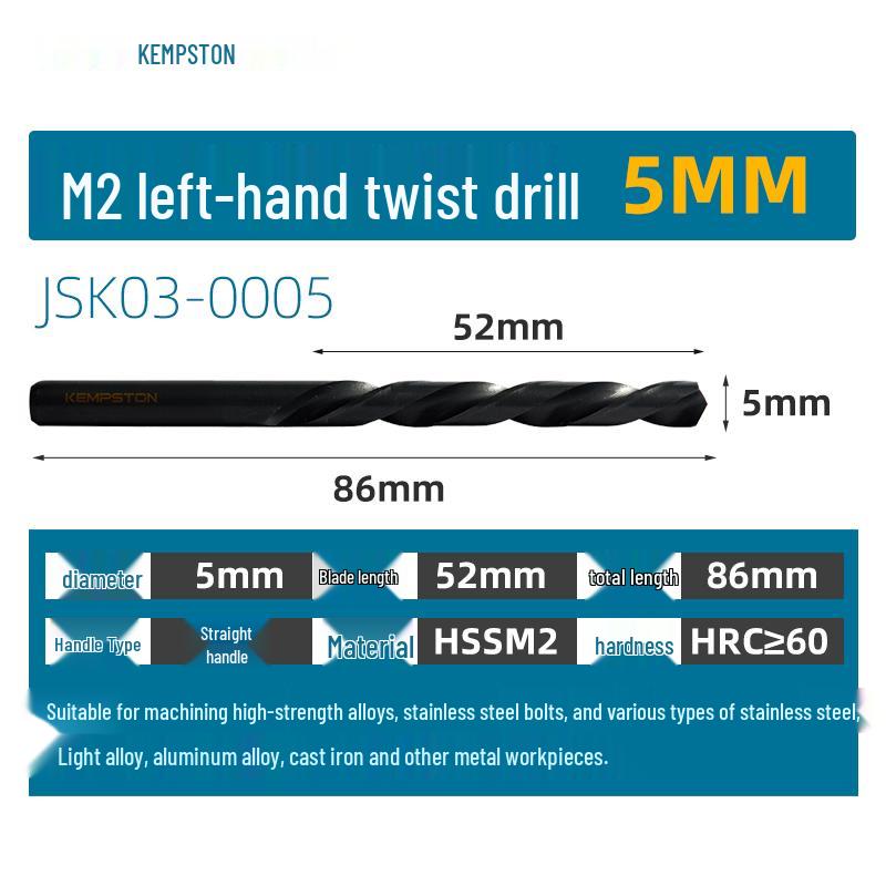 Capson M2 High-Speed Steel Left-Hand Twist Drill Bit for Stainless Steel, Straight Shank, 1-16mm