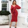 Autumn and Winter Women's Knitted Dress Solid Color Temperament Elegant Slim V-neck Sweater Dresses