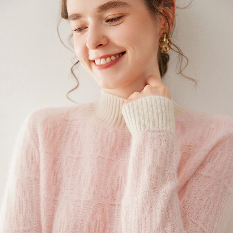 Women's Color Block Cashmere Sweater - Thick, Round Neck, Loose Fit, Jacquard Knit, Autumn/Winter.