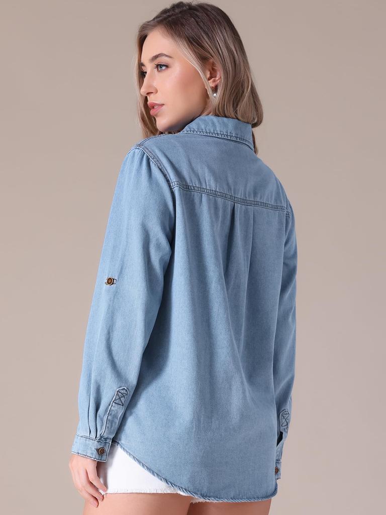 Allegra K CIMUK Women's Denim Jacket, Long Sleeve Button-Down with Pockets, Light Blue, Size M