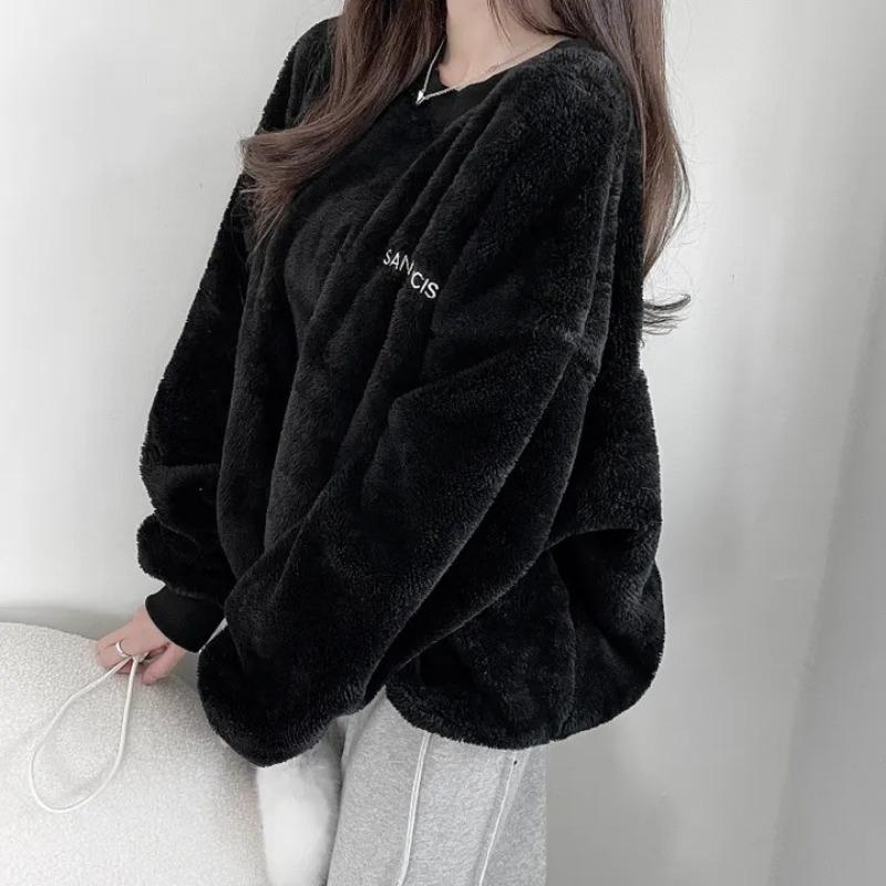 Women S Loose Round Neck Fleece Sweatshirt Casual Winter