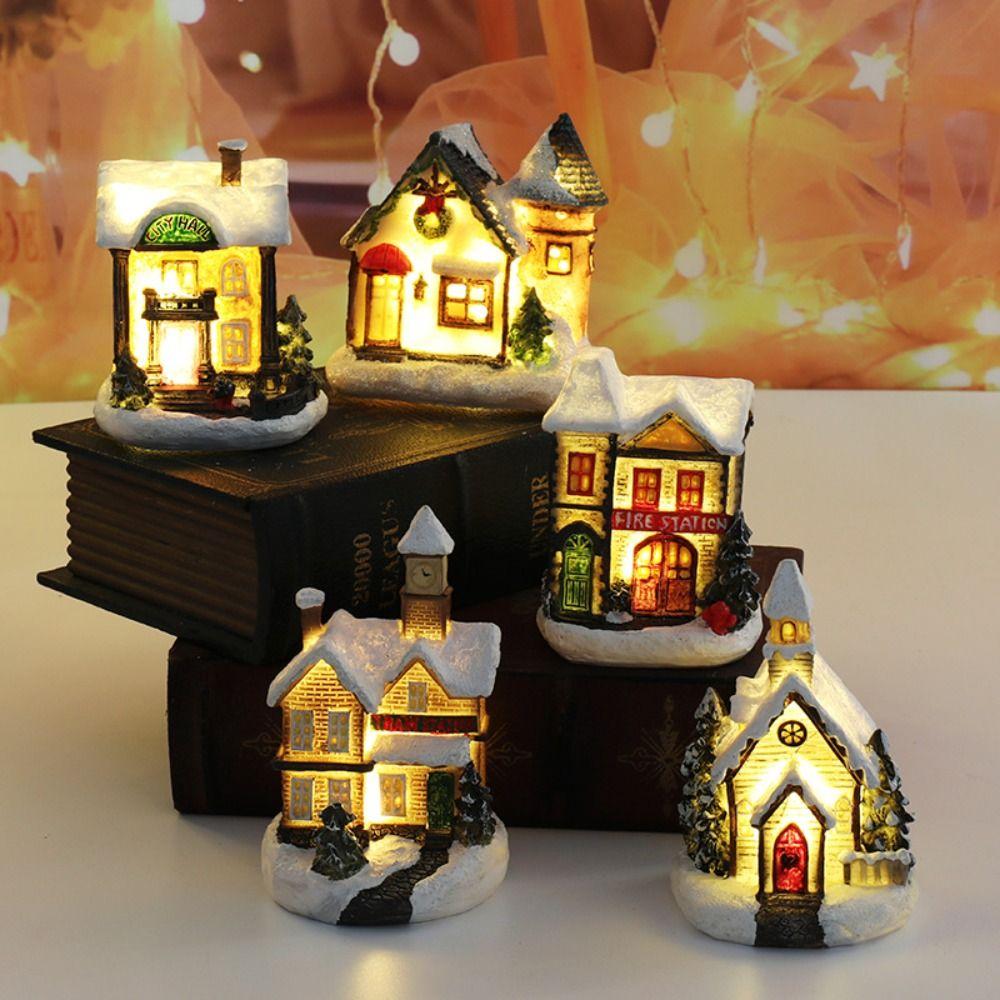 Cute LED Light Snow House Resin House Ornament Funny Christmas Glowing Small House Home Xmas Decor