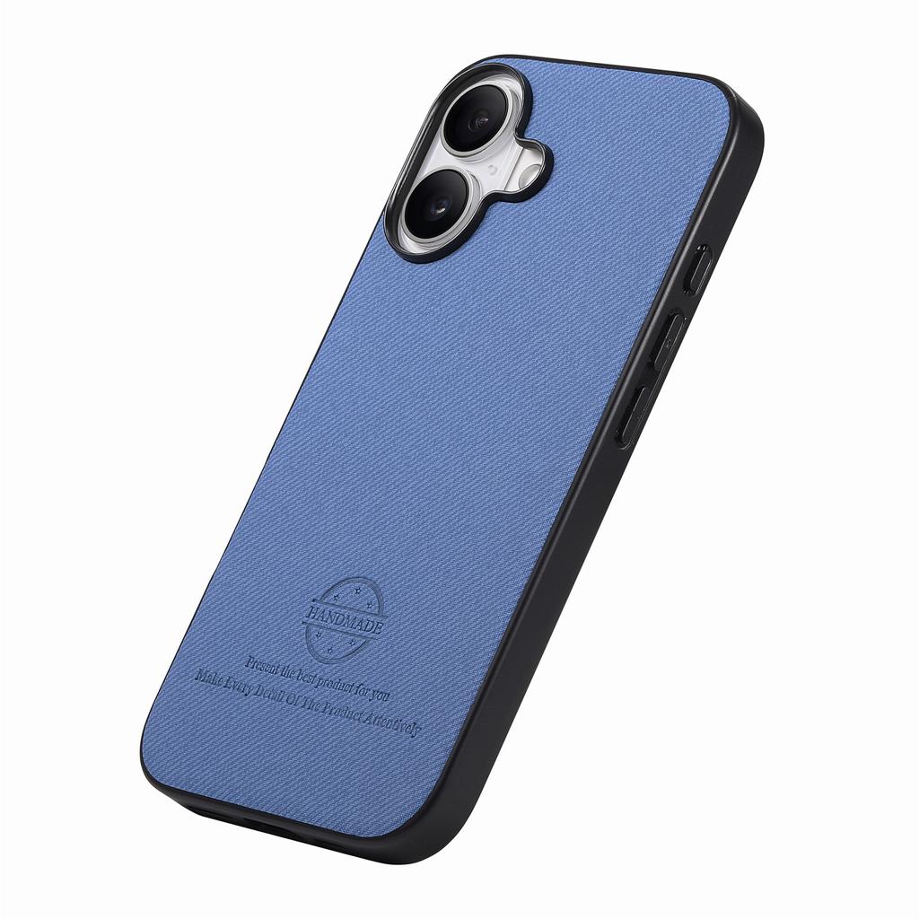 For iPhone 16 Case Cloth Texture Leather+PC+TPU Anti-Drop Phone Cover - Blue
