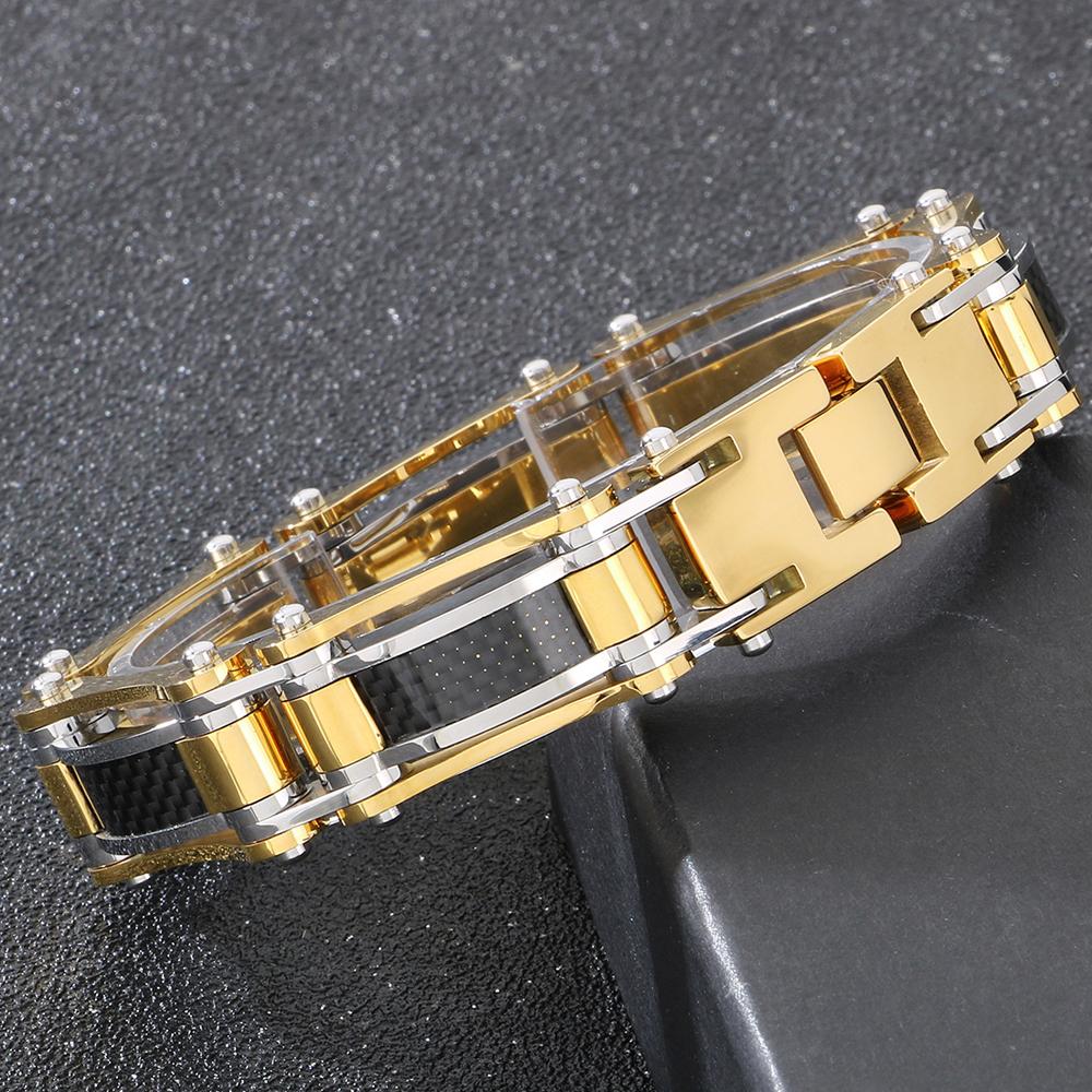 15MM Width Black Fibre Motorcycle Chain Man Bracelet for Men Casting Gold Color 316L Stainless Steel Men's Bracelets & Bangles