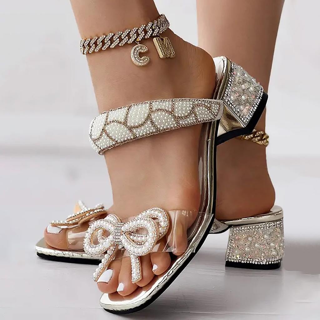 Сандалии и тапочки с бриллиантовым бантом для женщин, босоножки на толстом каблуке, тапочки, большие размеры, высокие каблуки, сапоги для женщин, сексуальные