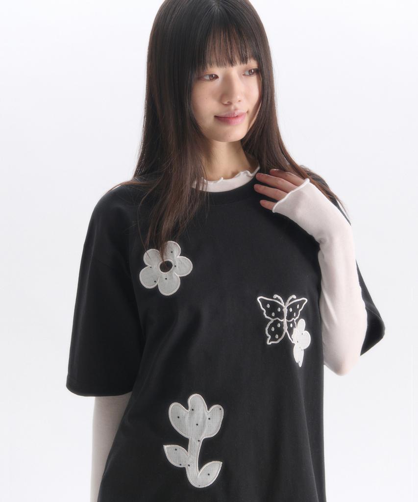 AMBLER See-Through Flower Embroidered Short Sleeve T-Shirt As1305 (Black)