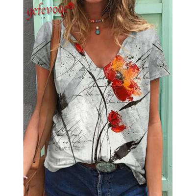 Модные весенние блузки с цветочным принтом, футболки с коротким рукавом и V-образным вырезом, повседневные