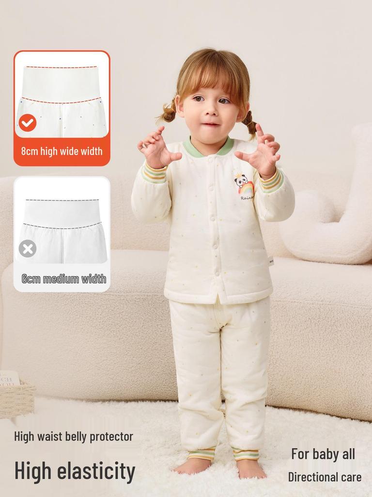 Детский пижамный комплект Jingqi из стеганого хлопка с высокой талией и защитой животика - Теплая, регулирующая температуру домашняя одежда для осени и зимы