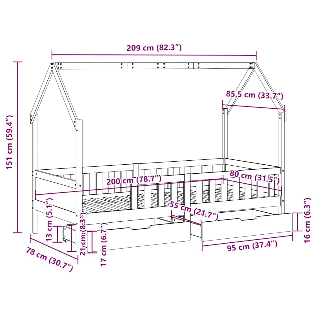 Kids Bed with Drawers 80x200 cm Solid Pine Wood