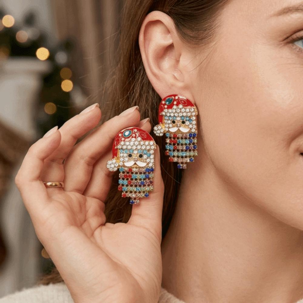 1 Pair Sparkling Shiny Rhinestone Stud Earrings Cute Santa Claus Dangle Earring for Women