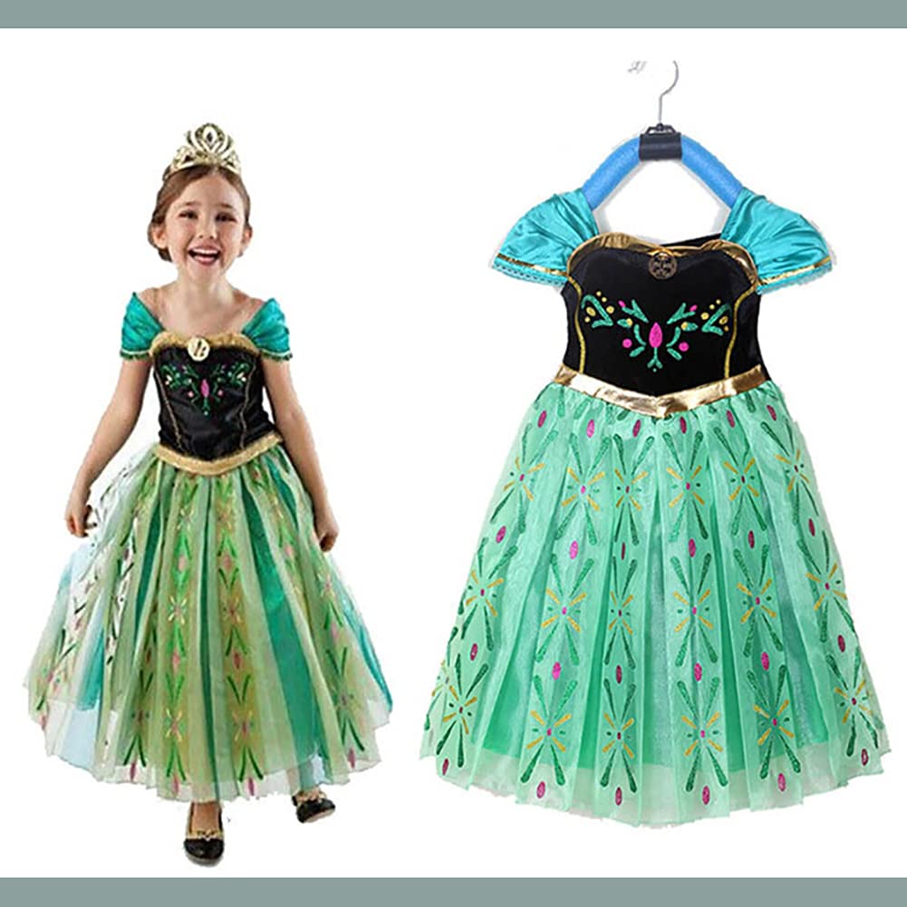 Детский костюм платья принцессы Эльзы Холодное сердце Платье Эльзы Роскошный набор Зеленое сердце Магическая коса [YITING] 5 предметов - (Платье принцессы, Тиара, Волшебная палочка, Перчатки, Парик)