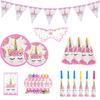 Unicorn Party Set: Pink Paper Plates, Napkins, Cutlery, and Tablecloth for Children's Birthday Decor.