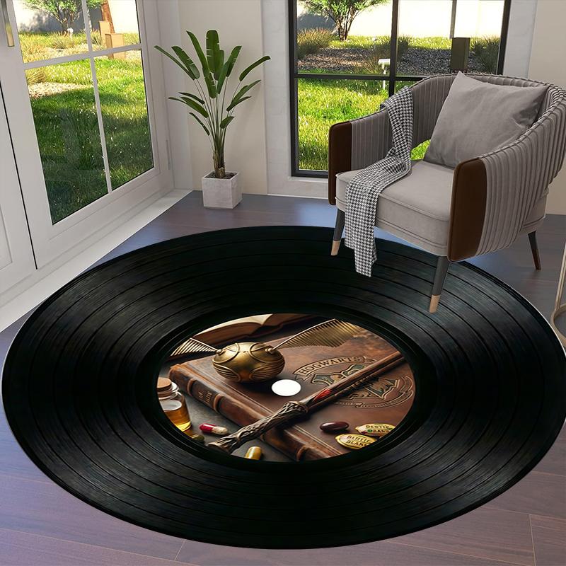 Record Texture Flag Magic Round Area Rug,Carpet Rug for Living Room Bedroom Sofa Playroom Decor,Non-slip Floor Mat