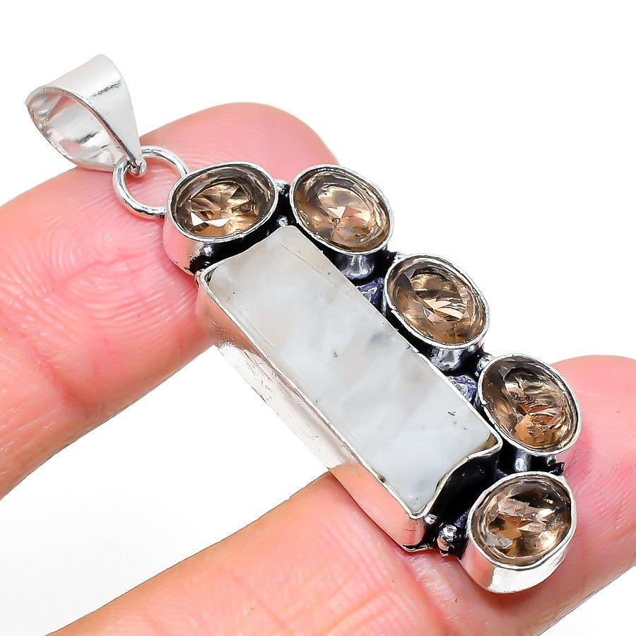 Rainbow Moonstone, Topaz 925 Sterling Silver Jewelry Pendant 2.13" f6H33