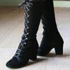 Black Boots Women Shoes  Knee High Women Casual Vintage Retro Mid-Calf Boots Lace Up Thick Heels Shoes