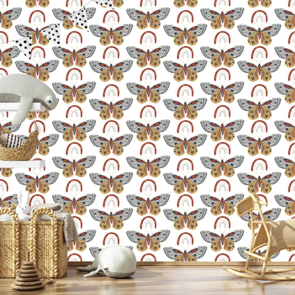Rainbows and Butterflies Boho Wallpaper, White and Gray, for Living Room and Bedroom, 50x1000