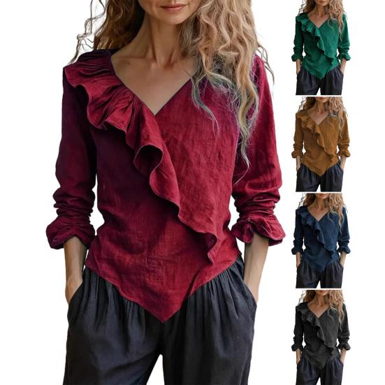 Женская блузка с V-образным вырезом, длинными рукавами и рюшами, однотонная, для работы, вечеринок, повседневной носки.