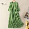 Summer Spring Women Dress Half Sleeves V Neck A-line Loose Hem Solid Color Button Decor Double Layers Pleated Mid-calf Length Midi Dress