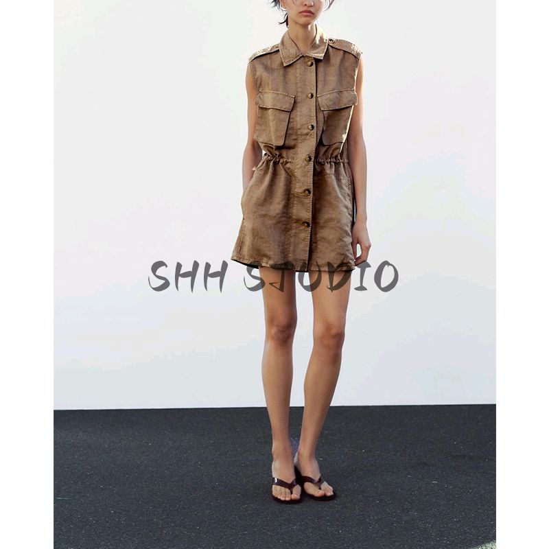 Spring and Summer New Women's Clothing Minimalist Style Single-Breasted Pocket with Sleeveless Lapel Short Dress 8197085